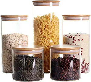 LEAVES AND TREES Y Stackable Kitchen Canisters Set, Pack of 5 Clear Glass Food Storage Jars Containers with Airtight Bamboo Lid